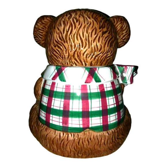 HOLIDAY WORKSHOP 9.5" HIGH TEDDY BEAR COOKIE JAR BROWN WITH PLAID SHIRT - Picture 2 of 2